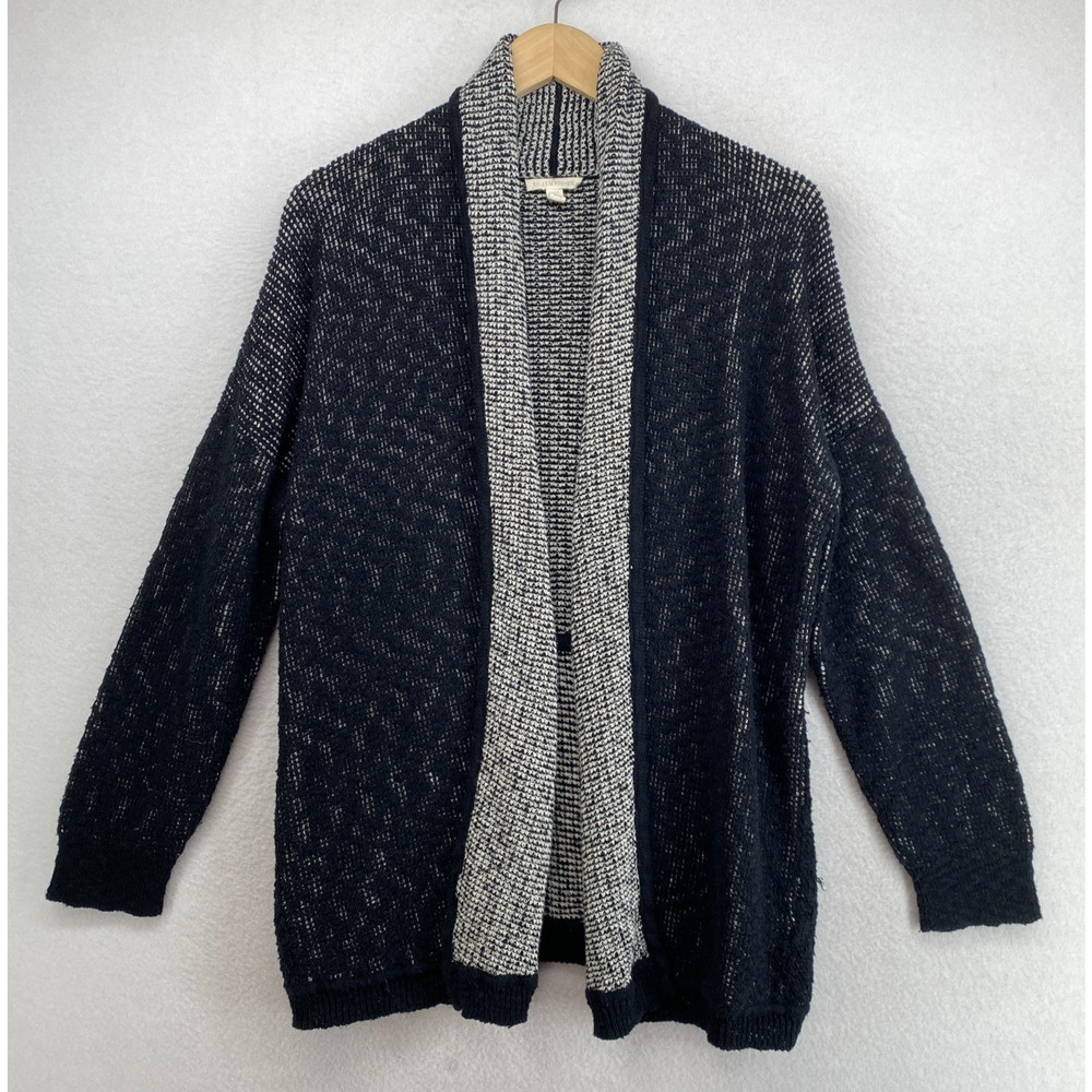 EILEEN FISHER Cardigan M Organic Cotton Thermal Stitch Open Front Black White